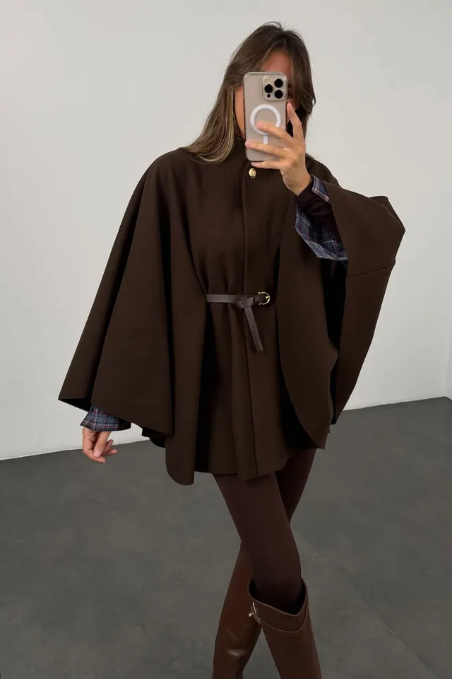 Winter Elegant Style Solid Color Waist Tight Woolen Cape Coat Mid length Brown - Shop at LoveMi