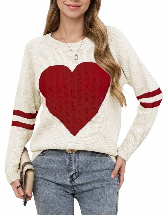Women's Heart shaped Jacquard Knitted Round Neck Sweater Top Beige Red - Shop at LoveMi
