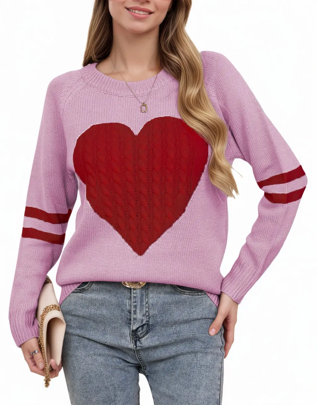 Women's Heart-shaped Jacquard Knitted Round Neck Sweater Top - Pink