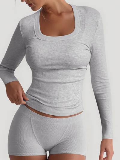 Sports Yoga Solid Color Long Sleeve High Elastic Skirt Outfit White Flower Gray - Shop at LoveMi
