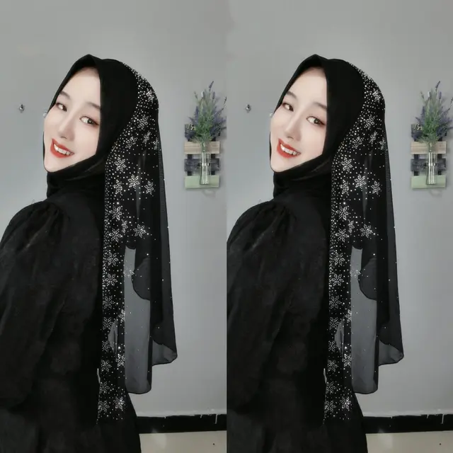 Flower Hot Drilling Voile Turban Winding Towel New Headscarf Black - Shop at LoveMi