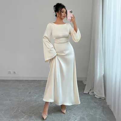 Elegant Graceful Style Waist Solid Color Long Sleeve Dress Apricot Beige - Shop at LoveMi