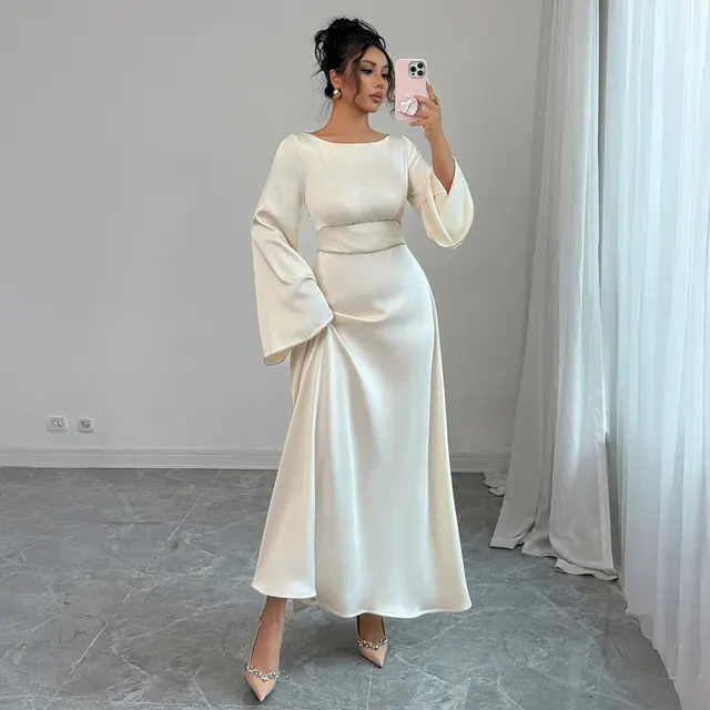 Elegant Graceful Style Waist Solid Color Long Sleeve Dress Apricot Beige - Shop at LoveMi