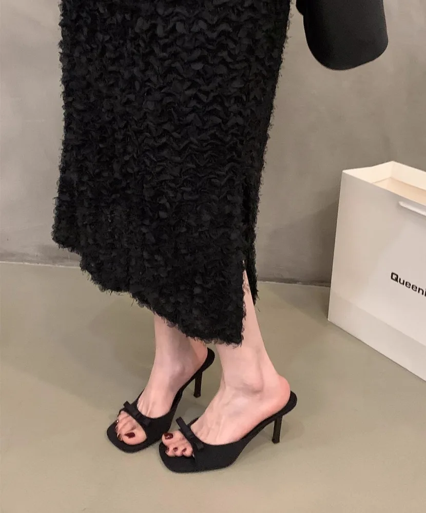 Square Head Fairy Bow High Heel Slippers Ankle-strap Stilettos - Black