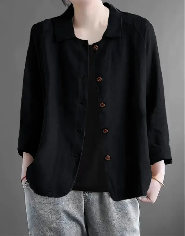 European And American Cotton And Linen Shirt Women's Casual Slimming Cardigan Coat Black - Shop at LoveMi