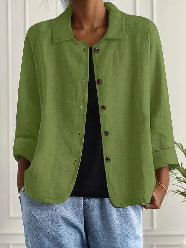 European And American Cotton And Linen Shirt Women's Casual Slimming Cardigan Coat Green - Shop at LoveMi