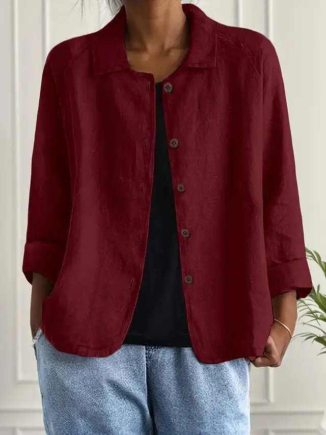 European And American Cotton And Linen Shirt Women's Casual Slimming Cardigan Coat Wine Red - Shop at LoveMi