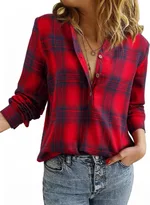 Women's V-neck Plaid Shirt Fashion Casual Shirt - Red