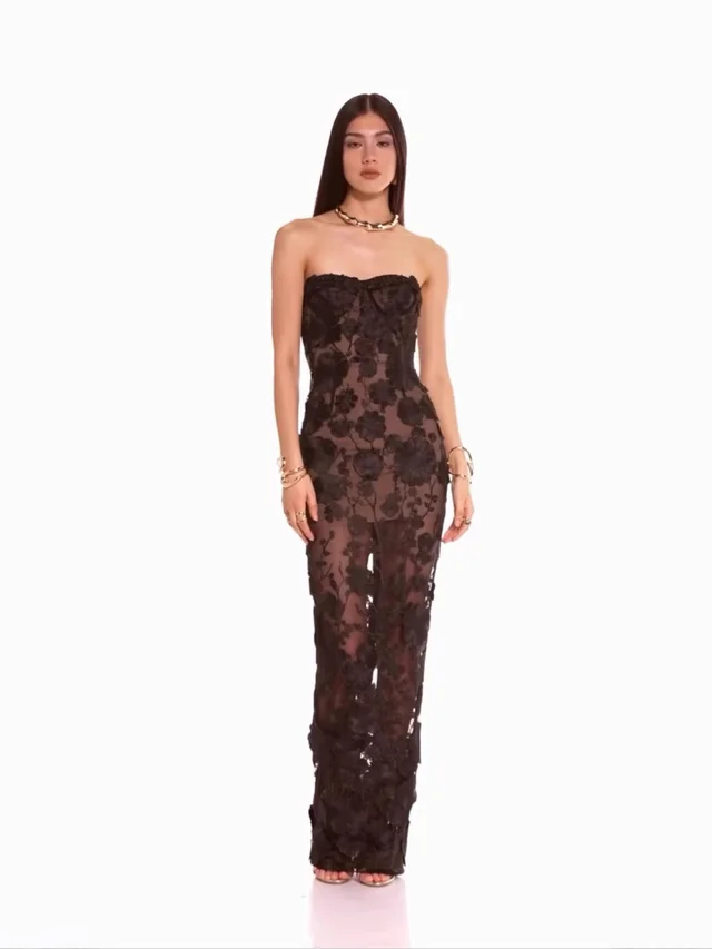 Three dimensional Flower Tube Top Dress Banquet Dress Black - Shop at LoveMi