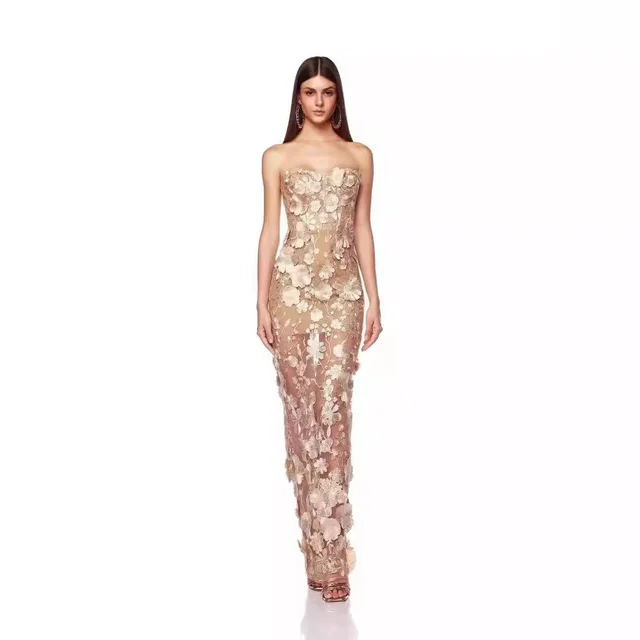 Three dimensional Flower Tube Top Dress Banquet Dress Champagne Beige - Shop at LoveMi