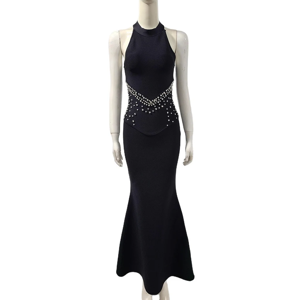 Evening Dress Rhinestone Banquet Bandage Fishtail Dress - Black