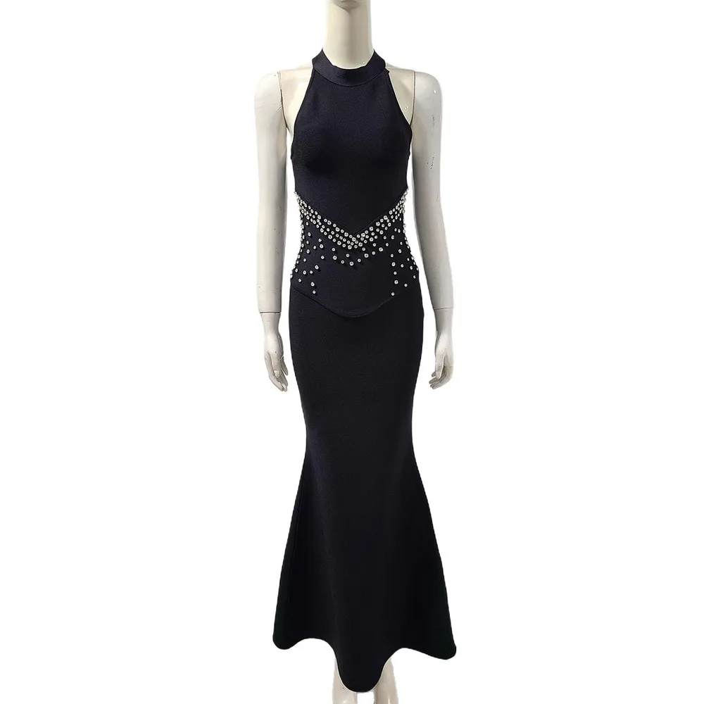 Evening Dress Rhinestone Banquet Bandage Fishtail Dress - Black - View 1