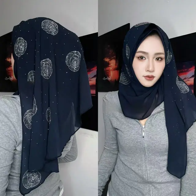Scarf Rose Rhinestone Wrap Towel Navy Blue - Shop at LoveMi