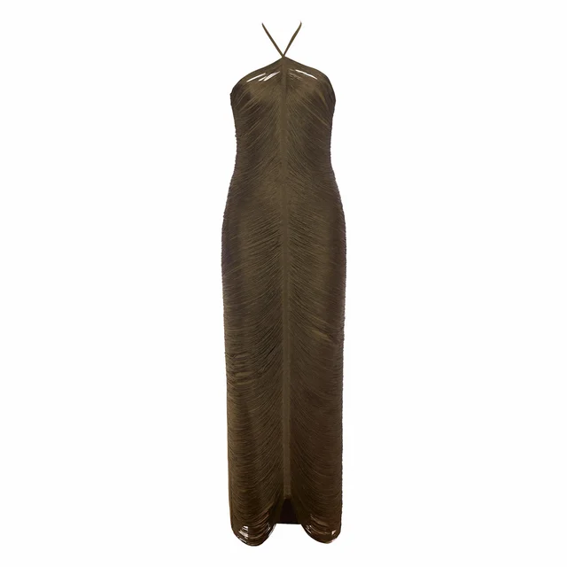 European And American Sleeveless Halter Tassel Dress For Women Army Green - Shop at LoveMi