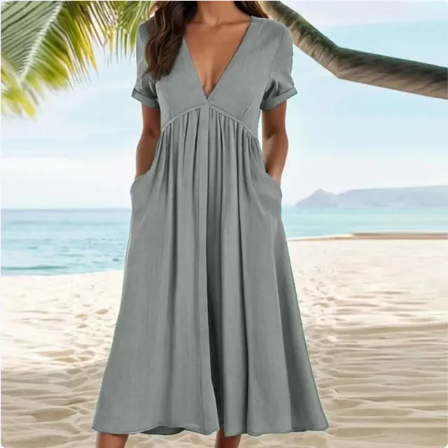 Spring And Summer Solid Color Short sleeved Cotton And Linen Large Swing Waist Dress Gray - Shop at LoveMi