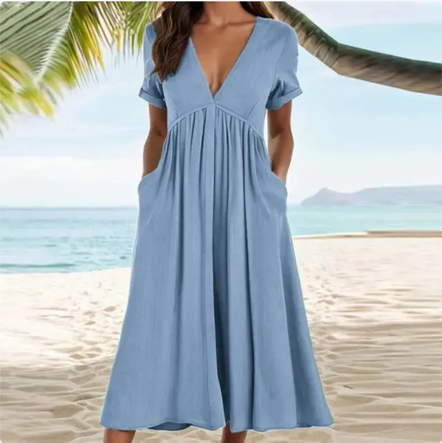 Spring And Summer Solid Color Short sleeved Cotton And Linen Large Swing Waist Dress Light Blue - Shop at LoveMi