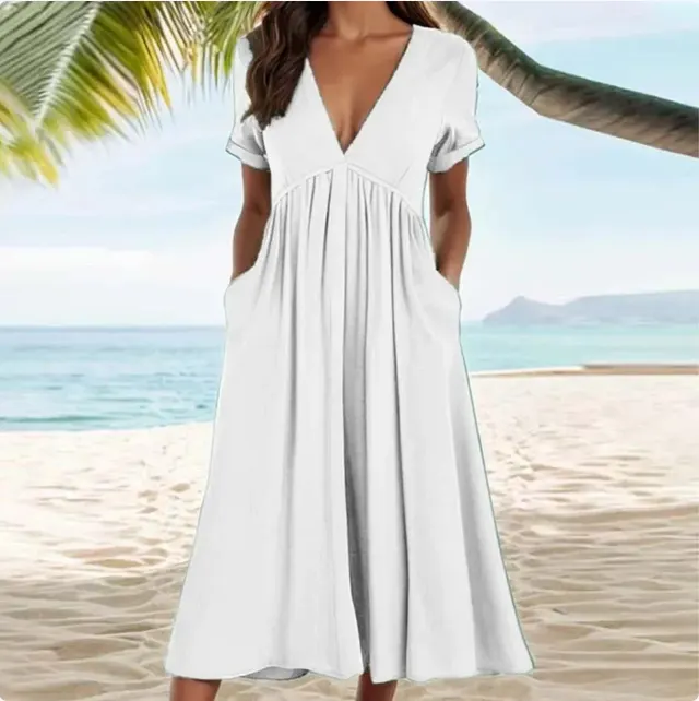 Spring And Summer Solid Color Short sleeved Cotton And Linen Large Swing Waist Dress White - Shop at LoveMi