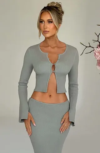 Short Long Sleeve Cardigan Top Split Skirt Suit Women - Sea Blue