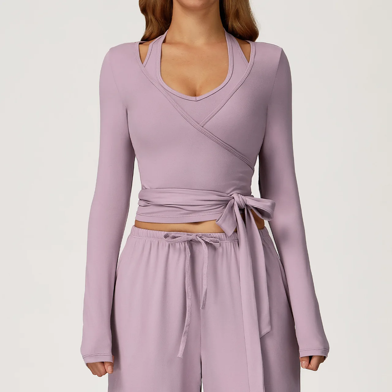 Brushed Yoga Long Sleeve One Piece Strap Yoga Clothes Sports Workout Clothes - Aroma Purple