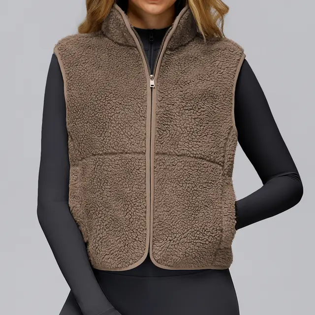 Autumn And Winter Velvet Stand Collar Sports Vest Sleeveless Caramel Mocha - Shop at LoveMi