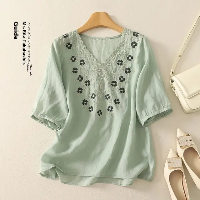 Embroidered Women's Elegant Lace V neck Half Sleeves Pullover Shirt Light Green - Shop at LoveMi