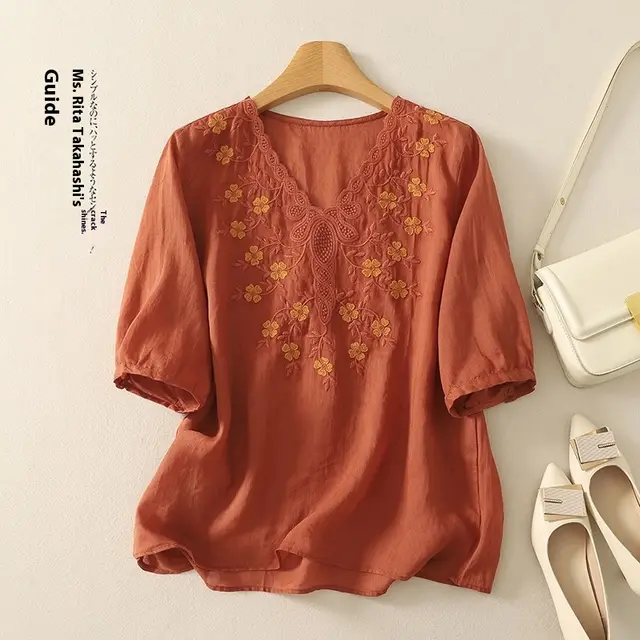 Embroidered Women's Elegant Lace V neck Half Sleeves Pullover Shirt Orange Red - Shop at LoveMi