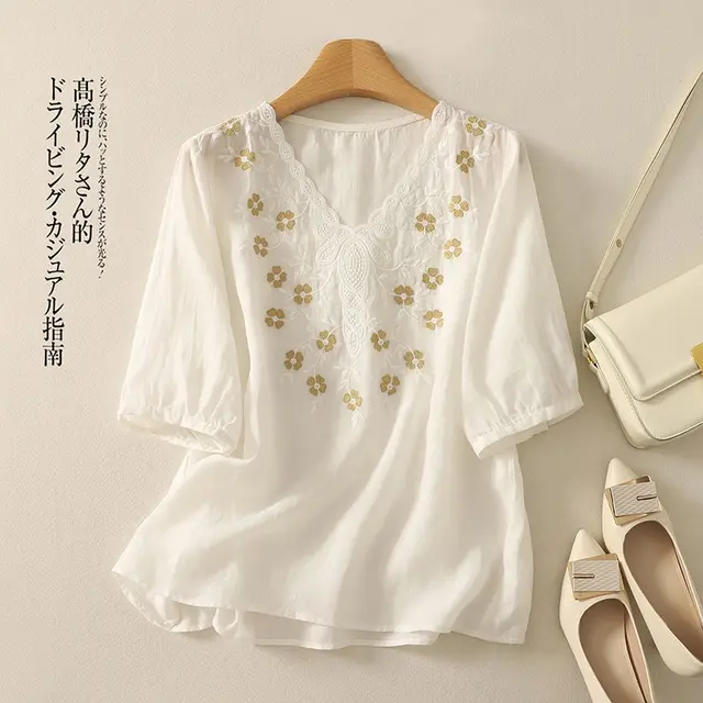 Embroidered Women's Elegant Lace V neck Half Sleeves Pullover Shirt White - Shop at LoveMi