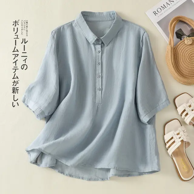 Solid Color Casual Loose Half sleeve Shirt Women's All match Slimming Blue - Shop at LoveMi
