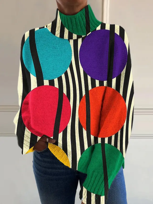 3D Striped Pattern Printed Turtleneck Long Sleeve Sweater 3Color - Shop at LoveMi