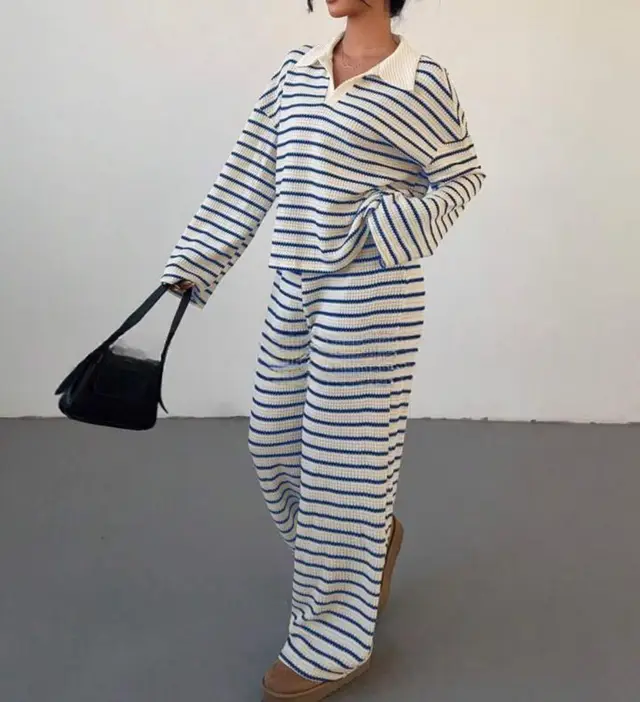 Striped Lapel Fashionable Knitted Loose Long Sleeve Top Casual Trousers Suit Blue - Shop at LoveMi