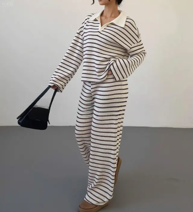 Striped Lapel Fashionable Knitted Loose Long Sleeve Top Casual Trousers Suit Brown - Shop at LoveMi