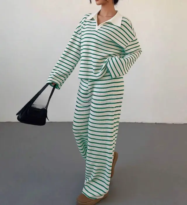 Striped Lapel Fashionable Knitted Loose Long Sleeve Top Casual Trousers Suit Green - Shop at LoveMi