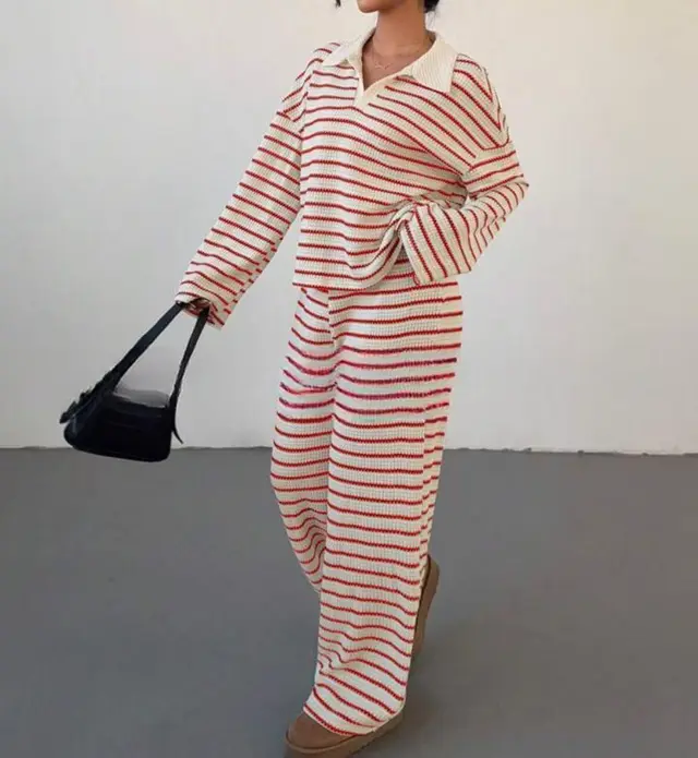 Striped Lapel Fashionable Knitted Loose Long Sleeve Top Casual Trousers Suit Pink - Shop at LoveMi