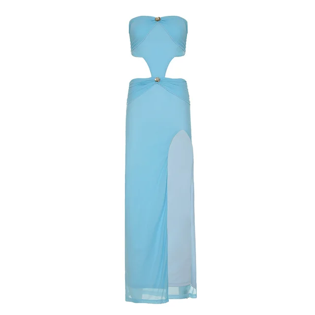 Women's Pure Color Split Tube Top Dress Blue - Shop at LoveMi