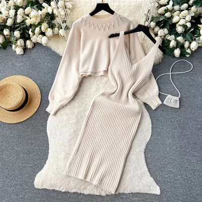 Round Neck Bead Women's Sweater High Waist Knit Dress Suit Apricot - Shop at LoveMi