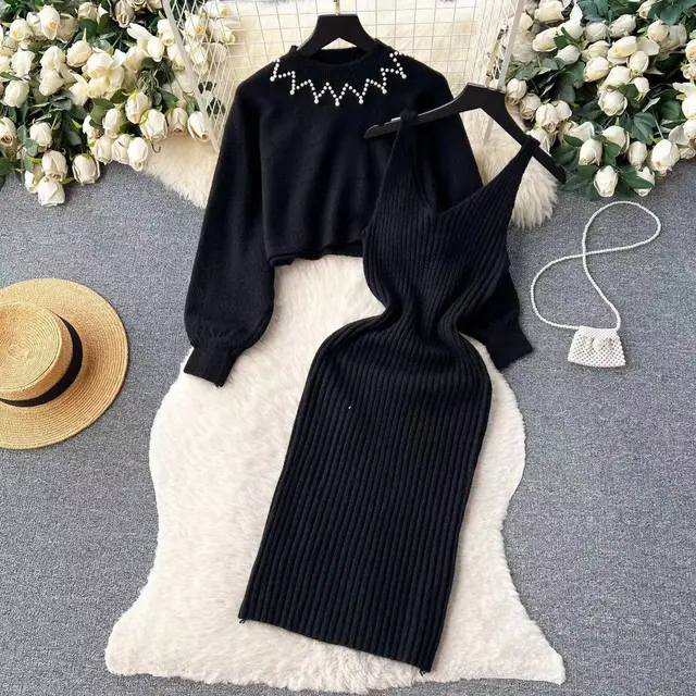 Round Neck Bead Women's Sweater High Waist Knit Dress Suit Black - Shop at LoveMi