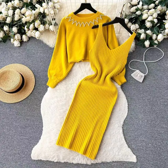 Round Neck Bead Women's Sweater High Waist Knit Dress Suit Gold - Shop at LoveMi