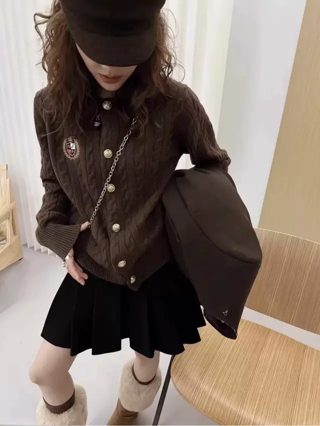 Round Neck Badge Knitted Cardigan Women's Sweater Jacket Coffee - Shop at LoveMi