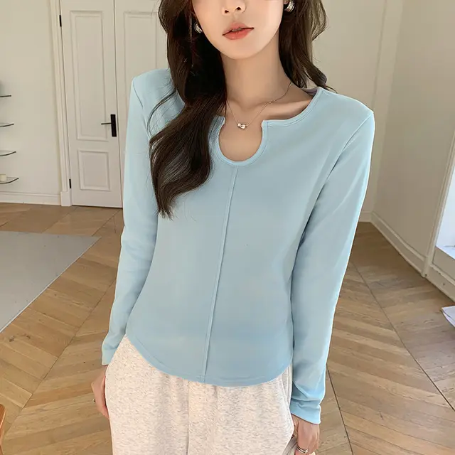 Women's Patchwork U collar Bottoming Shirt Autumn And Winter New Blue - Shop at LoveMi