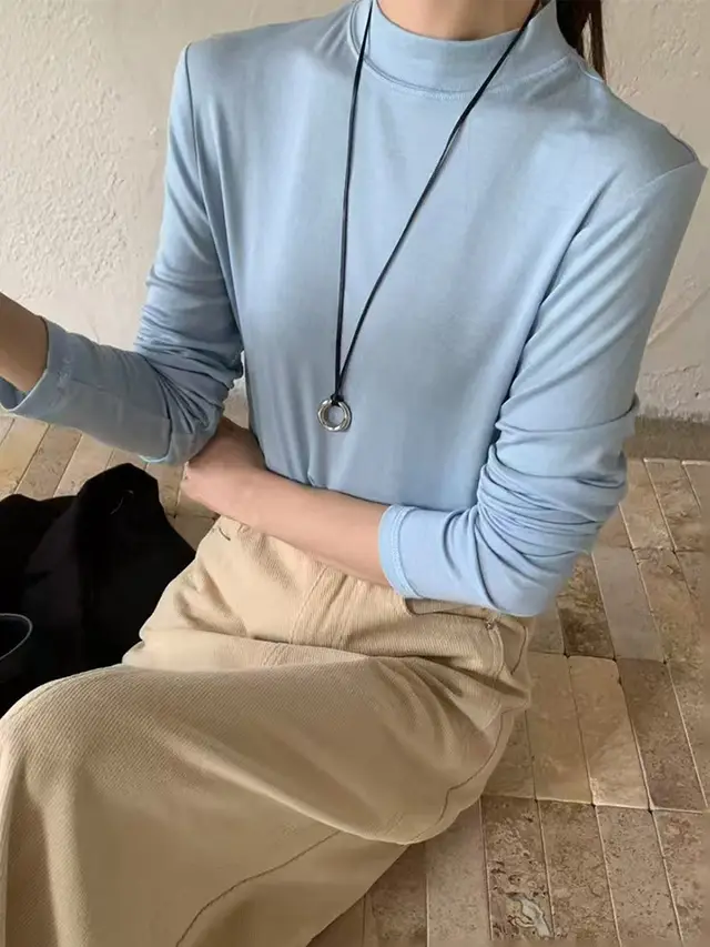 Half Turtleneck Wool Base Shirt Female 2 Solid Color Inner Wear Light Blue - Shop at LoveMi