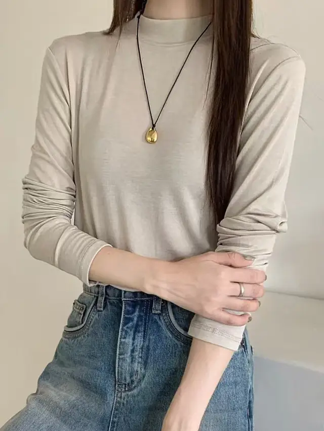 Half Turtleneck Wool Base Shirt Female 2 Solid Color Inner Wear Oat Apricot - Shop at LoveMi