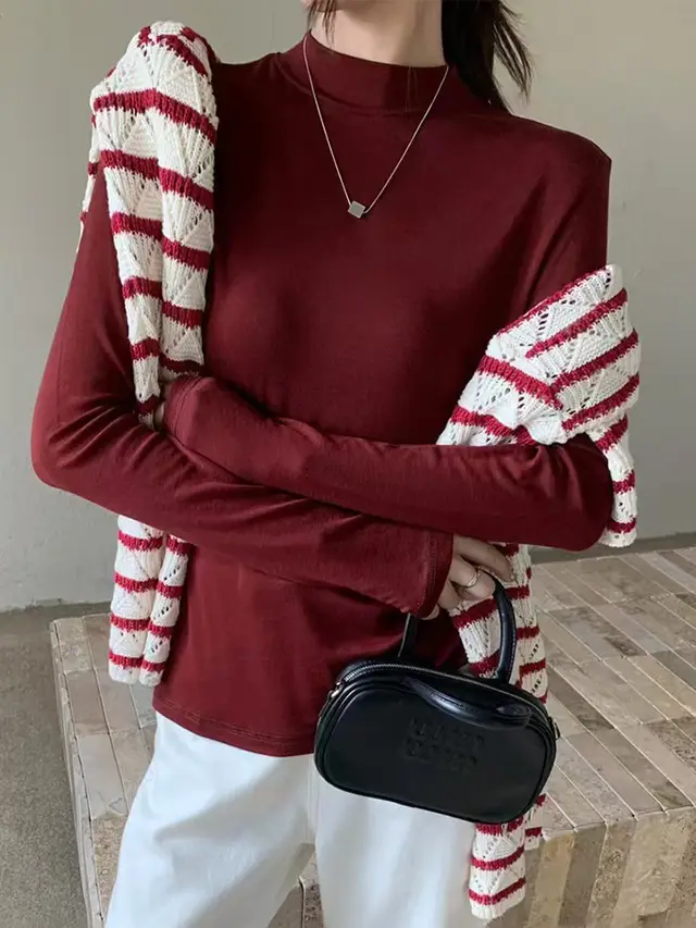Half Turtleneck Wool Base Shirt Female 2 Solid Color Inner Wear Wine Red - Shop at LoveMi