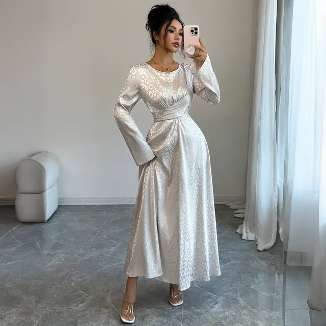Long Sleeve High Waist Maxi Dress Women Apricot Beige - Shop at LoveMi