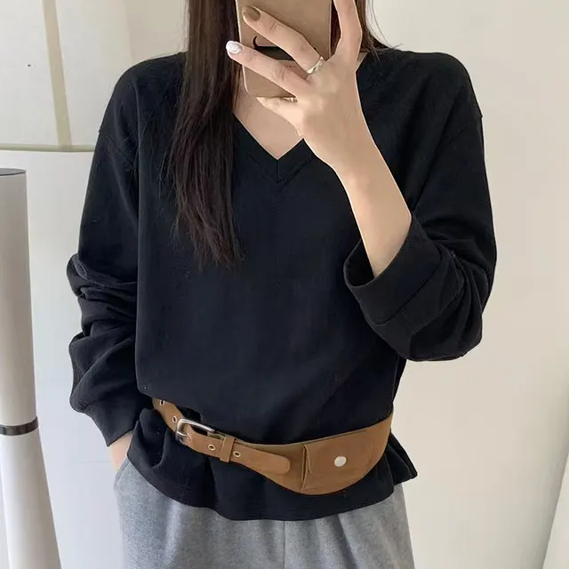 Women's Korean style V neck Off shoulder Long sleeved T shirt Black - Shop at LoveMi