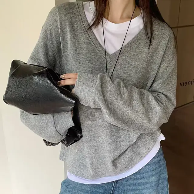 Women's Korean style V neck Off shoulder Long sleeved T shirt Flower Gray - Shop at LoveMi