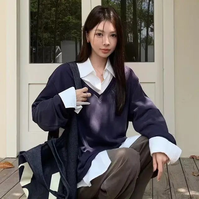 Women's Korean style V neck Off shoulder Long sleeved T shirt Purplish Blue - Shop at LoveMi