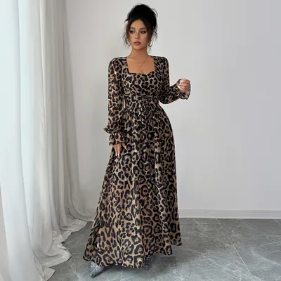Leopard Print Long Sleeve Maxi Dress Women Leopard Color - Shop at LoveMi