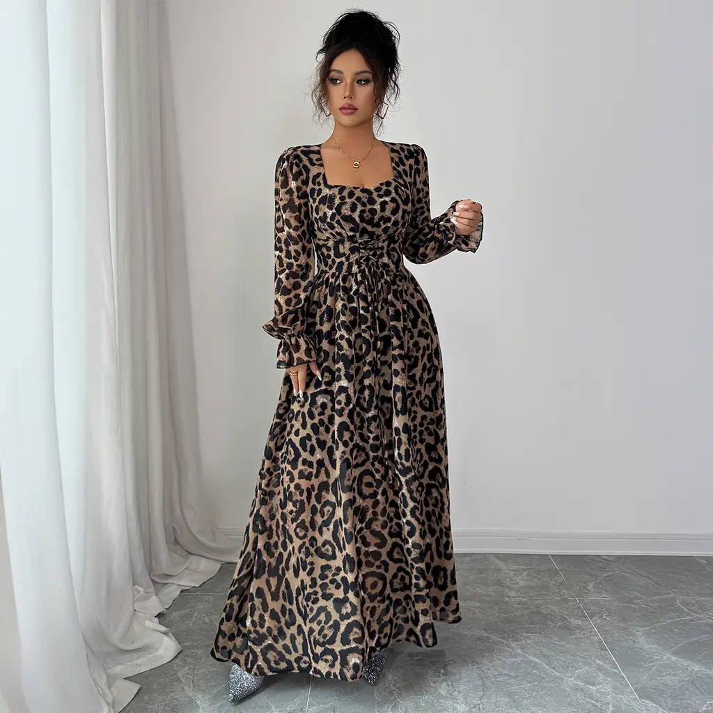 Leopard Print Long Sleeve Maxi Dress Women - Leopard Color - View 1