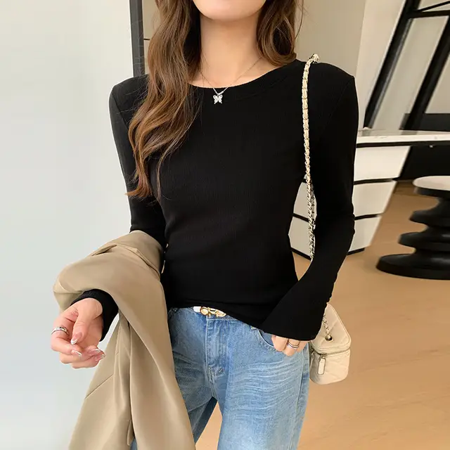 Lyocell Wool Round Neck Knitted Bottoming Shirt For Women Black - Shop at LoveMi