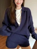 Women's V-neck Sweater Suit Loose Sweater Shorts - Blue